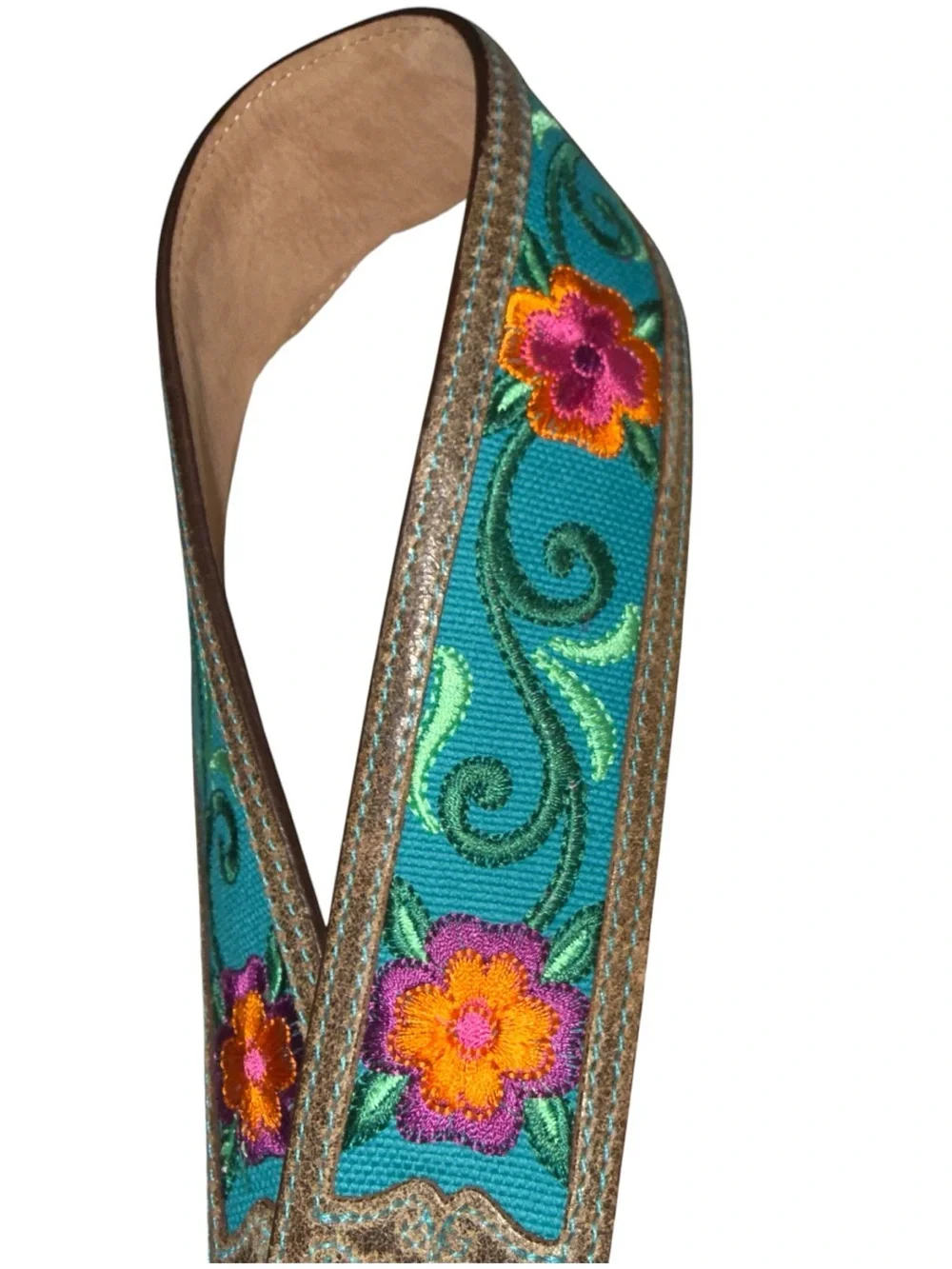 Justin  brown leather western belt teal cowgirl embroidered floral Sz 30